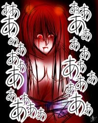 1girls 2014 akari_oborodzuka artist_name artist_signature black_background black_eyebrows blood blood_from_eye blood_on_eye blood_on_face blood_on_mouth blood_on_stomach bloody_tears blue_kimono breasts eyebrows eyebrows_visible_through_hair eyes_visible_through_hair hair_bell hair_ornament hatsune_miku japanese_clothes japanese_text kimono_pull mandykurosaki masa_works_design multicolored_kimono mv_character no_areola no_nipples oni_to_kitsune_no_hanashi onigumo_to_kitsune_no_shishi_to_(vocaloid) open_clothes open_kimono purple_kimono red_eyes red_hair red_kimono simple_background text twintails vocaloid