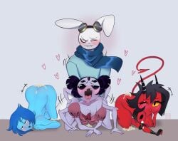 1boy 3girls black_hair blue_body blue_hair cartoon_network cum furry gem_(species) helluva_boss imp lapis_lazuli_(steven_universe) millie_(helluva_boss) muffet multiple_girls percy_(occultish) purple_body rabbit_boy red_body sharp_teeth spider_girl steven_universe tail totoro_chanxd undertale