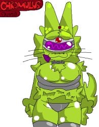 alien antenna_hair anthro armor big_ears breasts chromulus collar_ring domestic_cat felid feline felis female fluffy fluffy_chest fluffy_tail fur green_body green_fur hair low_res mammal metal_panties tail thigh_fluff tongue tongue_out visor_eyes whiskers zoopler_(chromulus)