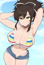 2d 2d_(artwork) asuka_(senran_kagura) bikini black_hair cleavage day female large_breasts mullon novelai senran_kagura shorts smile