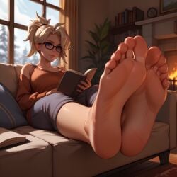 ai_generated barefoot black_glasses comfy eogard_orc fireplace foot_fetish foot_worship laying_on_couch mercy overwatch reading reading_book winter