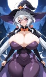 ahoge ai_generated big_breasts breasts hair huge_breasts long_hair long_pants long_sleeves low_twintails makeup outfit purple_eyes silver_hair symphogear thick_thighs twintails wide_hips witch witch_costume witch_hat