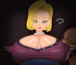 1boy 1girls 3d ? absurd_res absurdres android_18 blonde_hair blue_eyes cheating cheating_wife collar dragon_ball dragon_ball_z earrings erect_nipples erect_nipples_under_clothes female hi_res high_resolution highres jewelry looking_at_another looking_down male mature mature_female milf netorare nipples ntr ugly_bastard ugly_man vyrus_smith