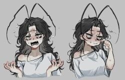 baggy_clothing bare_shoulder black_hair blush blush blush_lines crying expressions gray_eyes long_hair marblechii pale_skin roach_girl text