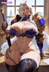 ai_generated bikini_armor evilkuro05 muscular_female seductive_look shoulder_armor sitting sword warrior