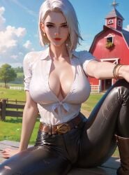 2d ai_generated ashe_(overwatch) big_breasts leather_pants looking_at_viewer overwatch seductive_pose shirt sitting spread_legs