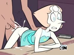 1boy 1girl accurate_art_style ai_generated cartoon_network clothed_sex cum cum_in_pussy cum_inside cumshot doggy_style doggystyle fake_screenshot female from from_behind gem_(species) laying_on_table on_model pearl_(steven_universe) sex steven_universe