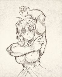 alternate_breast_size arcueid_brunestud armpits big_breasts blonde_hair blush breasts_bigger_than_head dress gloves huge_boobs huge_breasts large_boobs large_breasts looking_at_viewer plump presenting red_eyes rkgk short_hair sketch smiling sweating tententensan tsukihime tsukihime_(remake) vampire vampire_girl white_dress white_gloves