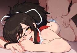 1boy 1girls 2024 2d ai_generated ass ass_grab asuka_(senran_kagura) bed bedroom_eyes booty brown_hair female glasses heart huge_ass mullon muscular muscular_male novelai senran_kagura sex smile straight video_game_character yellow_eyes