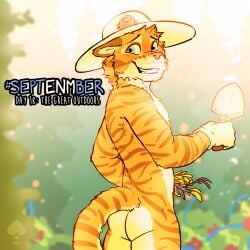 1:1 alyster_(wotfm) anthro ass blush caught embarrassed fek felid flower garden gardening looking_at_viewer male mammal nude outdoor_nudity outside pantherine plant public public_nudity solo tiger