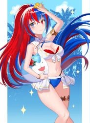 alear_(female)_(fire_emblem) alear_(female)_(seaside_dragon)_(fire_emblem) alear_(fire_emblem) ball beachball bikini blue_bikini blue_eyes blue_hair character_ball cleavage closed_mouth cowboy_shot crossed_bangs female fire_emblem fire_emblem_engage fire_emblem_heroes flower hair_between_eyes hair_flower hair_ornament heterochromia highres holding holding_ball holding_beachball intelligent_systems large_breasts lilshironeko looking_at_viewer multicolored_hair navel nintendo official_alternate_costume official_alternate_hairstyle ponytail red_and_blue_hair red_bikini red_eyes red_hair smile solo swimsuit two-tone_hair white_bikini