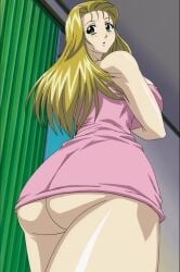 ass ass_focus blonde_hair breasts female green_eyes large_breasts long_hair miniskirt skirt solo