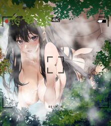 1boy ass ayase_shichikai black_hair breasts bush cum cum_on_body doggy_style fat fat_man female forest hairband highres huge_breasts long_hair looking_at_viewer male_pubic_hair nature nipples onsen partially_submerged pubic_hair purple_eyes recording sex solo_focus spy_x_family steam steaming_body very_long_hair viewfinder voyeurism yor_briar