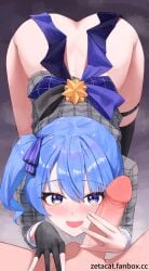 1boy :d all_fours back_bow black_gloves blue_eyes blue_hair blue_ribbon blush bottomless bow commentary_request double-parted_bangs erection female gloves hair_between_eyes hair_ribbon highres hololive hoshimachi_suisei hoshimachi_suisei_(1st_costume) jacket looking_at_viewer medium_hair partially_fingerless_gloves penis plaid_clothes plaid_jacket pov pov_crotch ribbon side_ponytail single_glove single_thighhigh sleeve_cuffs sleeves_past_elbows smile star_(symbol) star_in_eye straight symbol_in_eye testicles thigh_strap thighhighs uncensored virtual_youtuber zetacat