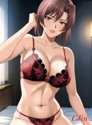 1girls ai_generated bed big_breasts cjin large_breasts light-skinned_female light_skin lingerie mature_female midriff navel short_hair