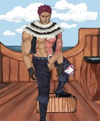 bara bara_tiddies big_breasts big_penis boat charlotte_katakuri gay male male_only muscular_male pink_tip red_hair ship tattoos