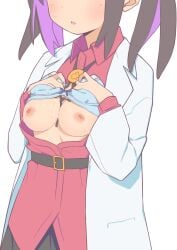 black_hair blush bra_lift breasts_out eyes_out_of_frame female_focus labcoat large_breasts morisobo onii-chan_wa_oshimai! open_shirt oyama_mihari purple_hair two_tone_hair white_background