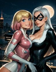 2girls ai_generated black_cat_(fortnite) black_cat_(marvel) blue_eyes bodysuit cleavage difference duo empire_state_building felicia_hardy female female_only flirting fortnite gradient_hair gwenpool gwenpool_(fortnite) latex_suit marvel marvel_comics mask new_york penguih perfect_body rooftop sexy_pose sfw silver_hair spider-man_(series) stable_diffusion superheroine tight_clothing together two_girls yuri