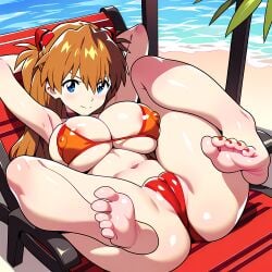 ai_generated asuka_langley_sohryu beach big_breasts bikini breasts cameltoe feet feet_up on_back red_hair