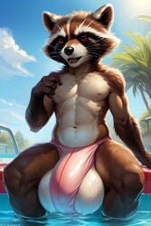 ai_generated big_balls big_bulge furry genitals male_only pool public public_exposure rocket_raccoon spread_legs