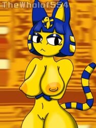 animal_crossing ankha ankha_(animal_crossing) anthro domestic_cat egyptian felid feline felis female looking_at_viewer mammal nintendo nude solo thewholof554 yellow_body