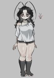 baggy_clothing bags_under_eyes bare_shoulder black_hair cute dolphin_shorts gray_eyes long_hair marblechii roach_girl socks thick_thighs