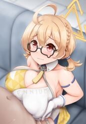 1boy ahoge akebi_konoha arm_strap blonde_hair blue_archive blurry braid breasts cleavage cleavage_cutout clothing_cutout commentary_request couch crown_braid depth_of_field detached_collar fat fat_man female glasses gloves halo highres huge_breasts kotori_(blue_archive) kotori_(cheer_squad)_(blue_archive) light_frown low_twintails navel paizuri paizuri_under_clothes perpendicular_paizuri red_eyes semi-rimless_eyewear straight sweat teardrop-framed_glasses textless_version thick_arms triangle_halo twintails under-rim_eyewear wavy_mouth white_gloves