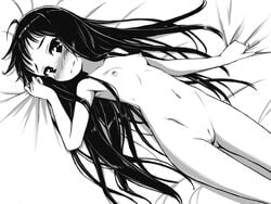 armpits bed bed_sheet black_eyes black_hair blush breasts embarrassed female full-face_blush innie_pussy kimagure_blue long_hair looking_at_viewer lying monochrome navel nipples nude on_back original pussy sheet_grab small_breasts solo uncensored