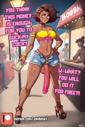 1futa abs ai_assisted ai_generated big_balls dark-skinned_futanari dark_skin dialog dialogue erect_penis erection fishnets futa_only futa_sans_pussy futanari huge_cock impossible_clothes lewdunari money public public_nudity small_breasts