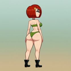 aged_up ai_generated back_view big_ass bob_cut eyeliner eyeshadow flat_chest full_body gradient_background green_bikini grojband hairclip laney_penn large_breasts narrow_waist red_hair smile solo solo_female thick_thighs user_zhfj2523 wide_hips