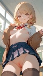 ai_generated blonde_hair cardigan hard_nipples nipples pussy short_hair skirt small_breasts smaller_female smile smiley_face stockings tongue tongue_out