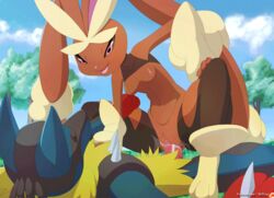 1boy 1girls 2015 3_fingers animated_gif anthro big_ears black_fur black_sclera blue_fur breasts brown_fur canine clitoris cowgirl_position domination duo female female_on_top femdom fur furry gif grass interspecies lagomorph lopunny lucario lying male male/female mammal masterploxy mega_evolution mega_lopunny mega_lucario mrploxy navel nintendo nipples on_top open_mouth patreon penetration penis pink_eyes pokemon pokemon_(species) pokemon_dppt pokemon_oras pokemon_xy pussy pussy_juice rabbit rape_face red_fur sex smile spikes straight text tongue tree url vagina vaginal_penetration vein veiny_penis yellow_fur