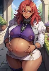 1girl ai_generated black_boots blush boots bracelet civitai crop_top dark-skinned_female female fire_emblem fire_emblem:_three_houses flowers flowers_in_background full_lips garden garreg_mach_monastery_uniform hands_on_stomach hapi_(fire_emblem) nintendo nipples nipples_visible_through_clothing pendant pregnant puffy_lips purple_crop_top purple_thighhigh ready_to_pop red_eyes red_hair single_thighhigh solo white_jacket white_skirt worried