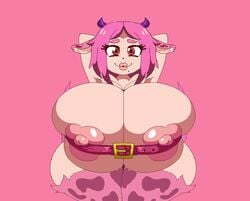 animal_ears animated arms_up belt big_lips bouncing_breasts bovine breasts chest_belt cleavage cow_girl female heart-shaped_areola horns huge_breasts jackie_moo lips looking_at_viewer monster_girl original original_character pink_eyes pink_hair subjectdie_(artist) thick_thighs