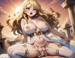 ai_generated blonde_hair cleavage crotchless_thong cum_in_pussy cum_inside curly_hair fairy_tail goddess gold greek greek_goddess large_breasts long_hair lucy_heartfilia orgasm payop pony_diffusion_xl pov silk stockings vaginal_penetration vaginal_sex