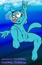 anthro asphyxiation barefoot blue_fur bubbles drowning feet feline female female_only fourball front_view full fur mammal mature_female mother nicole_watterson nude parent pussy solo the_amazing_world_of_gumball toes underwater water