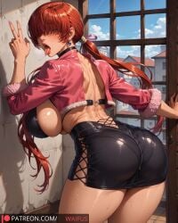 1girls ai_generated ass bending_over bent_over big_ass big_breasts big_butt blushing_at_viewer breasts clothed female fishnets from_behind hanging_breasts huge_breasts jacket king_of_fighters light-skinned_female light_skin long_hair looking_at_viewer looking_back open_mouth red_hair saliva_string shermie_(kof) sideboob skirt thick thick_thighs thighs tied_hair tongue_out voluptuous voluptuous_female