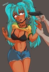 big_breasts big_tits black_bra black_panties blue_eyes blue_hair bracelet brazilian brazilian_female brazilian_miku dark-skinned_female dark_skin earrings gun gun_to_head hand_on_wrist hatsune_miku imminent_death imminent_rape necklace rattminded shirt_up short_shorts tan_skin tan_skinned_female text