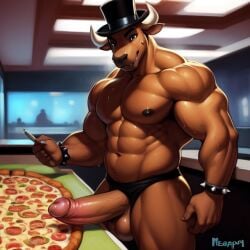 ai_generated anthro bane_(tnar) big_balls big_penis bovid bovine bracelets bull fazbear_fanverse five_nights_at_freddy's frosting.ai furry furry_male furry_only genitals male_focus male_only muscles muscular muscular_male nude nude_male pizza public public_exposure public_nudity sugar1989 those_nights_at_rachel's top_hat