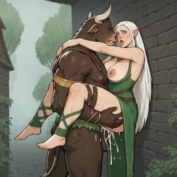 ahe_gao ai_generated arahan cum cum_inside cum_on_body elf embrace exposed_breasts green_eyes interspecies large_breasts leaning_against_wall leg_lock leg_wrap long_hair minotaur monster pony_diffusion_xl warhammer_fantasy white_hair wood_elf