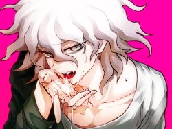 1boy collarbone cum licking nagito_komaeda solo_male