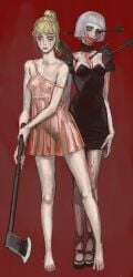 2girls absurdres arrow_(projectile) arrow_in_body axe barefoot black_dress blonde_hair blood blood_stain breasts dress grey_hair highres holding holding_axe horror_(theme) midnight_vampire_(takena) mossacannibalis multiple_girls nipples pink_dress pubic_hair runny_makeup see-through strap_slip