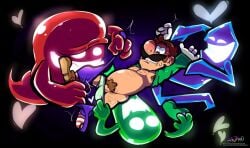 1boy blue_ghost blue_pants brown_hair clothing facial_hair ghost gloves green_shirt heart human looking_down luigi luigi&#039;s_mansion male male_only mario_(series) moustache nintendo pants_pulled_down penis pubic_hair sweat sweating torquewintress underwear