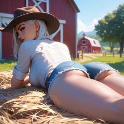 2d ai_generated ashe_(overwatch) big_ass cowgirl denim_shorts laying_on_stomach looking_at_viewer looking_back overwatch seductive_pose shorts teasing