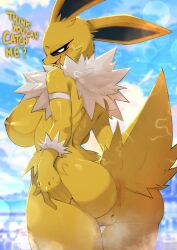 anthro anus ashraely ass big_breasts breasts eeveelution female fur generation_1_pokemon genitals hand_on_butt jolteon looking_at_viewer looking_back mammal nintendo nipples nude pokemon pokemon_(species) presenting presenting_hindquarters pussy simple_background solo spread_butt spreading tail wide_hips yellow_body yellow_fur