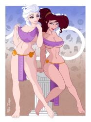 2girls blue_eyes braided_hair brown_hair disney disney_princess elsa_(frozen) frozen_(film) harem harem_girl harem_outfit hercules_(disney) large_breasts loincloth long_hair megara ricozappa royalty veil voluptuous white_hair