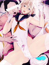 2boys :o animal_ears arm_grab armpits ball black_hair butt_plug_tail buttplug censored collarbone girly gloves groin multiple_boys navel open_mouth penis restrained ribbon sailor_collar saliva see-through spread_legs swimsuit tail tareme tazuma_(u283) testicles thighhighs trap white_swimsuit