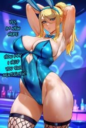 1girls ai_generated aipotions bare_arms bare_shoulders bare_thighs big_breasts blonde_hair blue_eyes blush bunny_ears bunnysuit clothed clothing color english_text female female_focus female_only hi_res large_breasts light-skinned_female light_skin long_hair looking_at_viewer metroid nintendo no_bra samus_aran solo solo_female tagme text thick_thighs zero_suit zero_suit_samus