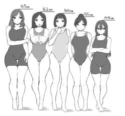 5girls artist_request big_breasts black_and_white clothed clothed_female competition_swimsuit height_chart height_difference hourglass_figure lineup looking_at_viewer monochrome multiple_girls one-piece_swimsuit swimsuit thigh_gap