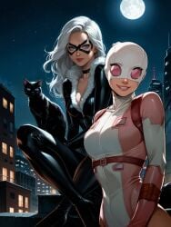 2girls ai_generated black_cat_(fortnite) black_cat_(marvel) blue_eyes bodysuit cleavage difference duo feline female female_only fortnite gradient_hair gwenpool gwenpool_(fortnite) latex_suit marvel marvel_comics mask new_york penguih perfect_body rooftop sexy_pose sfw silver_hair stable_diffusion superheroine tight_clothing together two_girls yuri